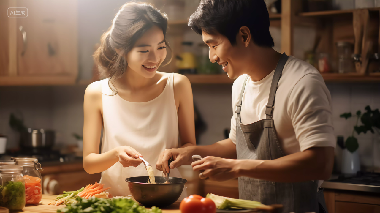 幸福家庭一家人情侣夫妻在厨房烹饪煮食物做饭的甜蜜浪漫场景