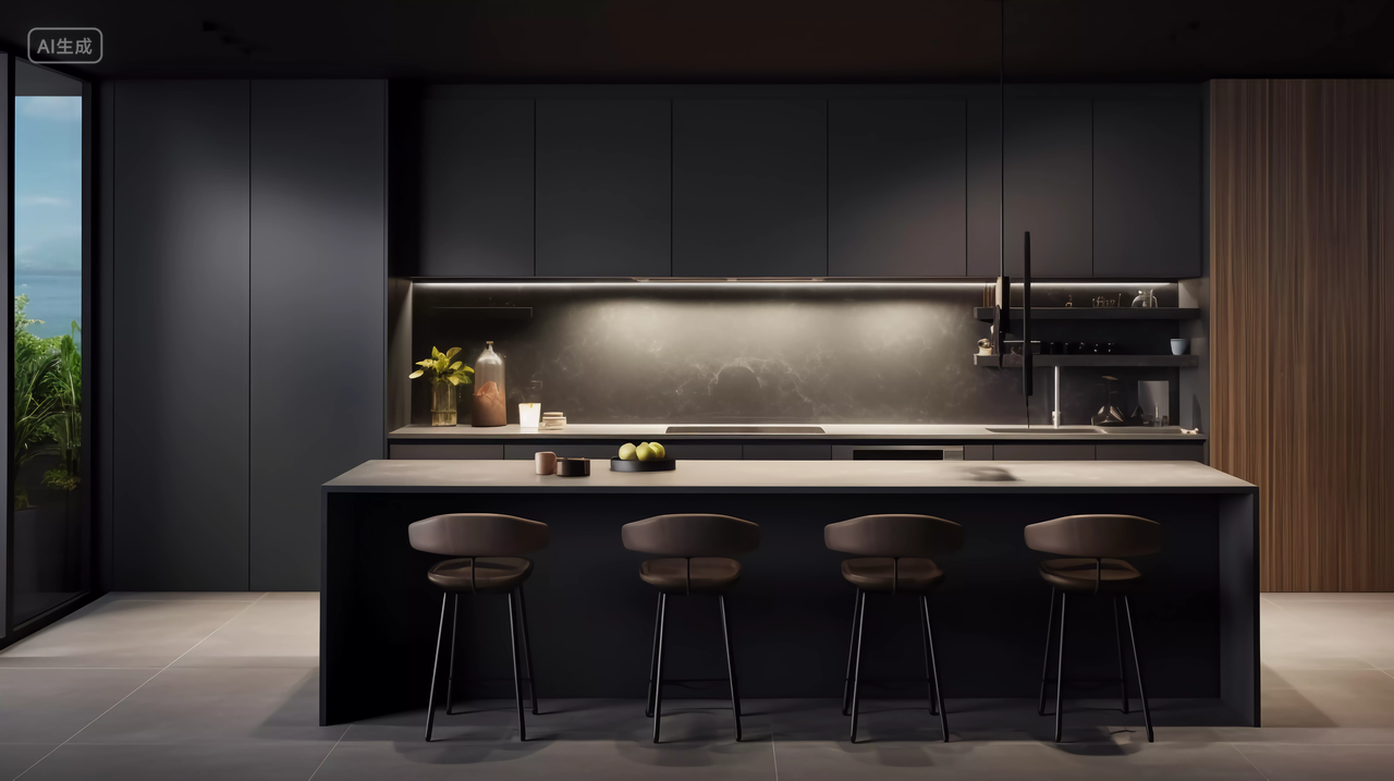 现代厨房带岛台简约风暗色黑色灰色家居厨房装饰装修