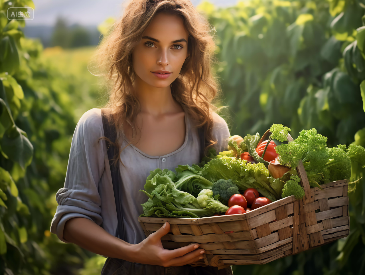 农民女性站在菜地里抱着一筐蔬菜绿色健康蔬菜 有机食品农作物收获丰收