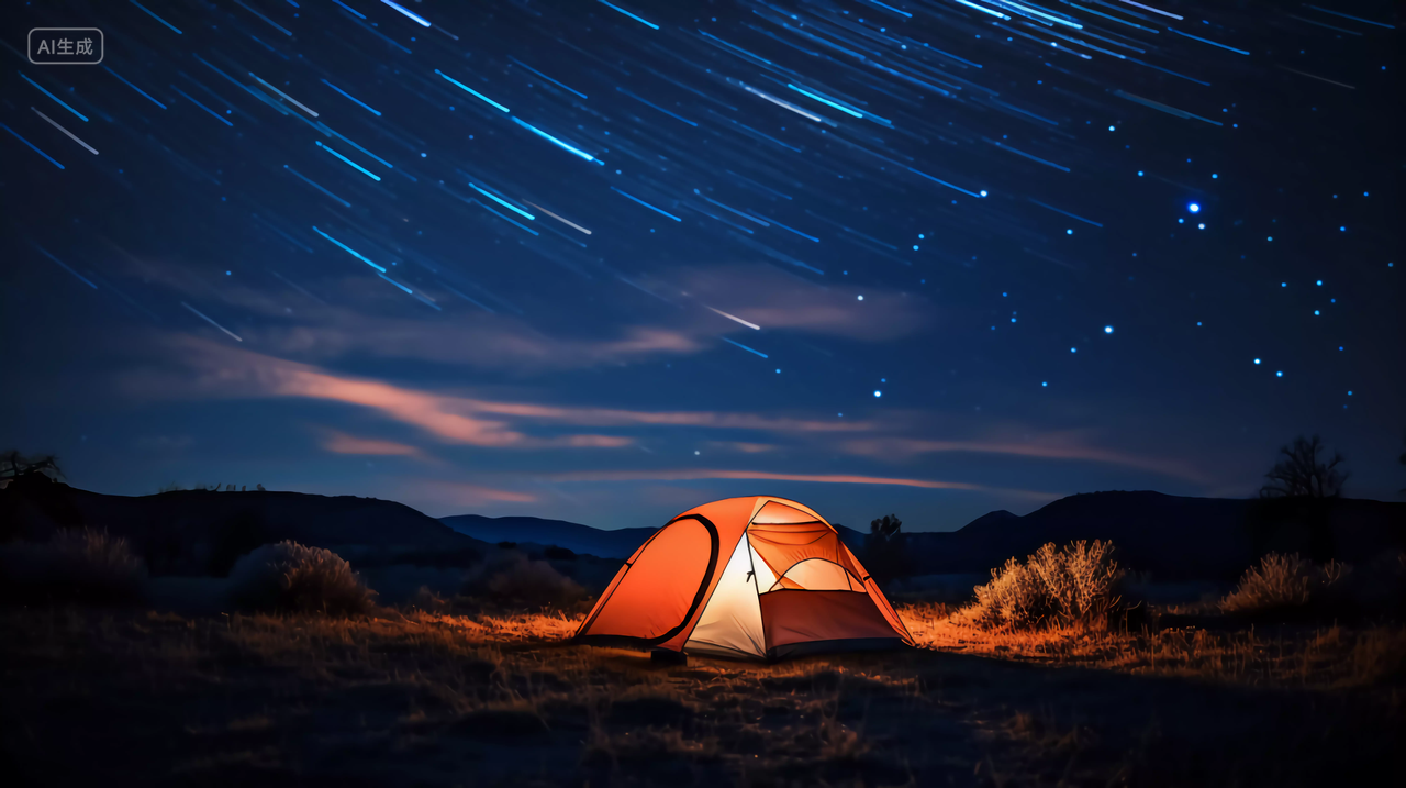 风景繁星点点夜晚星空下的帐篷户外露营房车帐篷欢乐周末旅游休闲时光