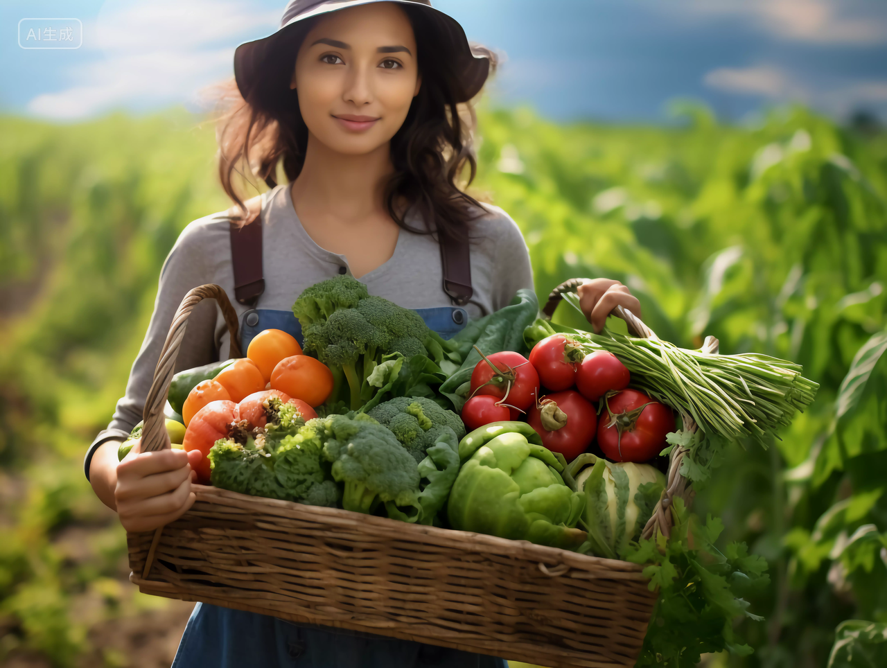 农民美女站在菜地里抱着一筐蔬菜绿色健康蔬菜 有机食品农作物收获丰收