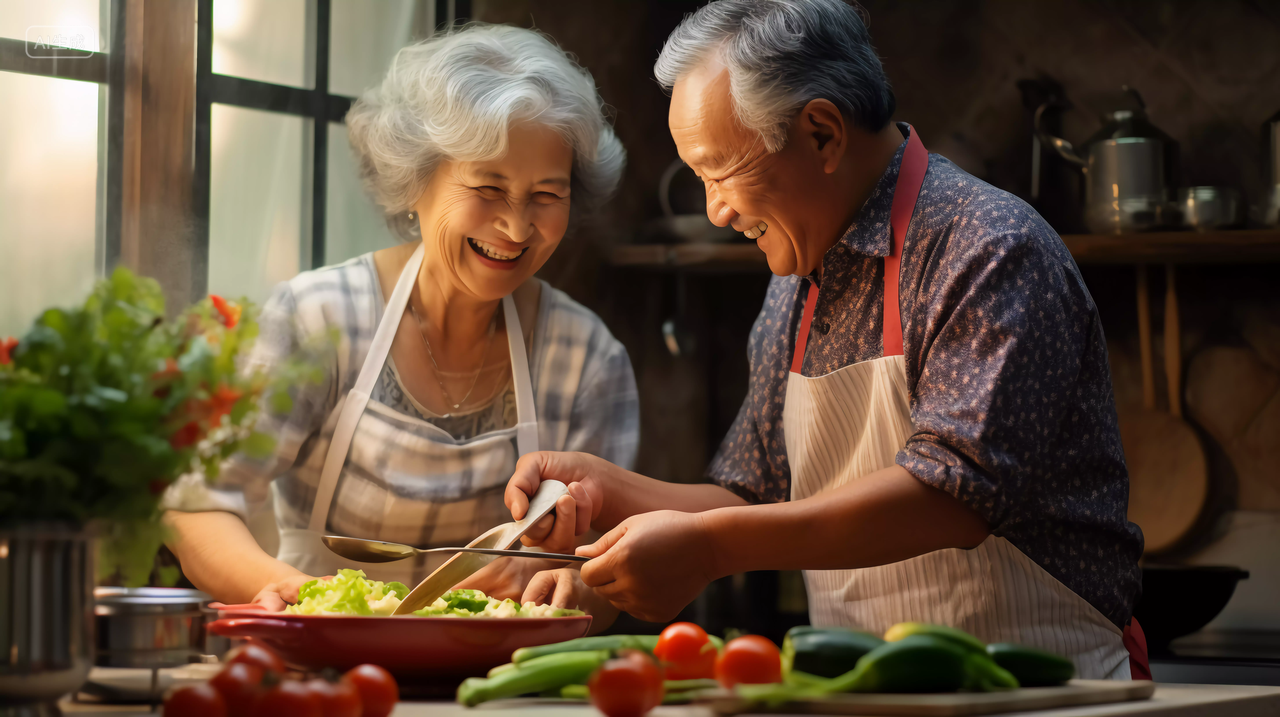 幸福家庭一家人情侣夫妻在厨房烹饪煮食物做饭的甜蜜浪漫场景