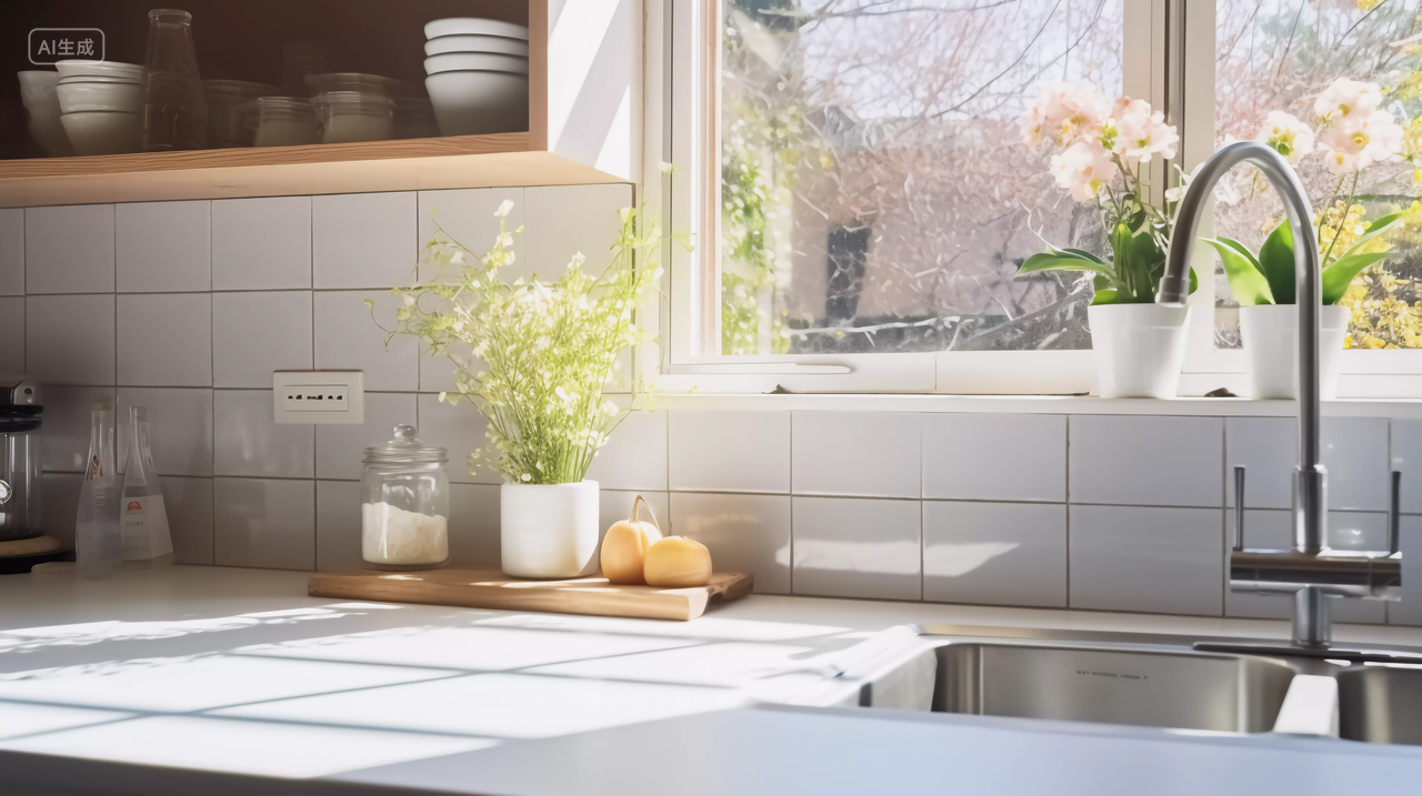 小清新现代厨房厨具操作台窗边绿植浅色厨房装饰装修