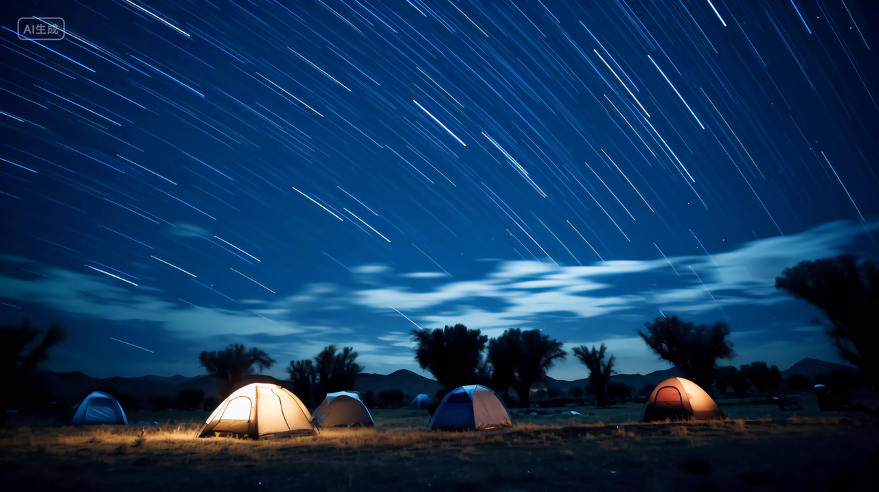 风景繁星点点夜晚星空下的帐篷户外露营房车帐篷欢乐周末旅游休闲时光
