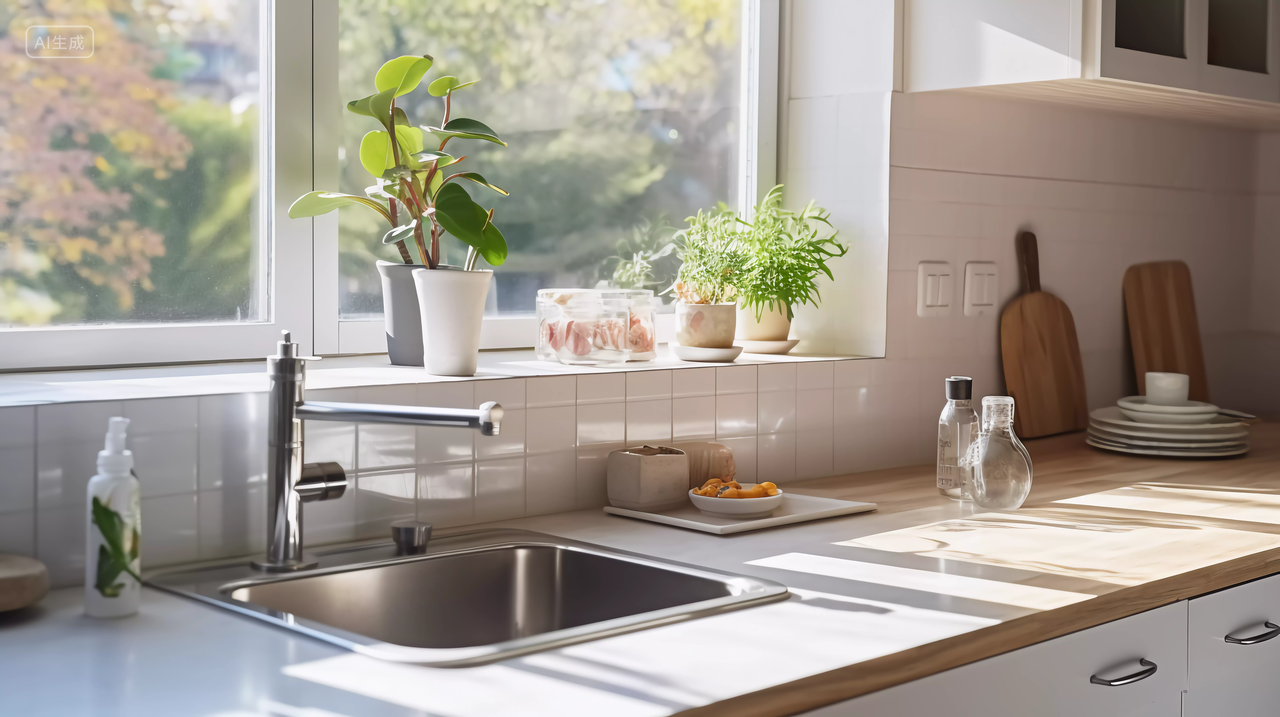 小清新现代厨房厨具操作台窗边绿植浅色厨房装饰装修