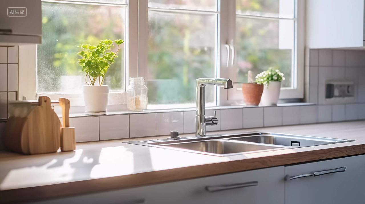 小清新现代厨房厨具操作台窗边绿植浅色厨房装饰装修