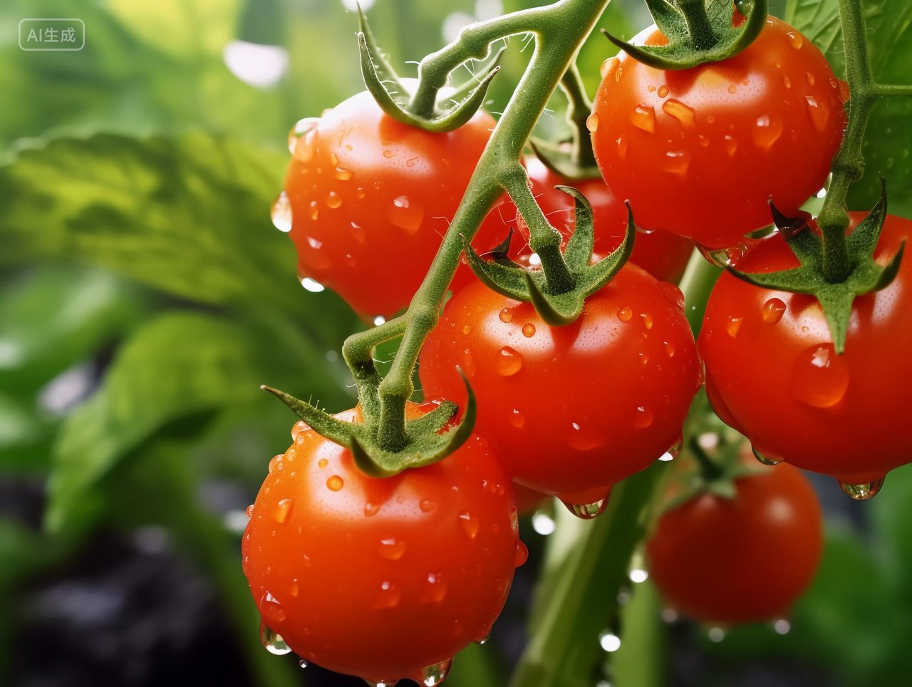 挂在枝上带水珠的番茄西红柿圣女果新鲜蔬菜机食品绿色蔬菜