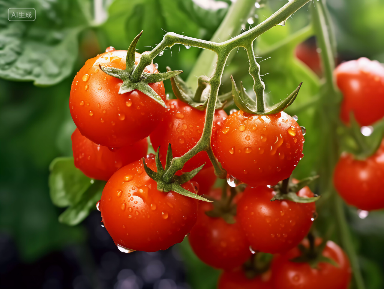 挂在枝上带水珠的番茄西红柿圣女果新鲜蔬菜机食品绿色蔬菜