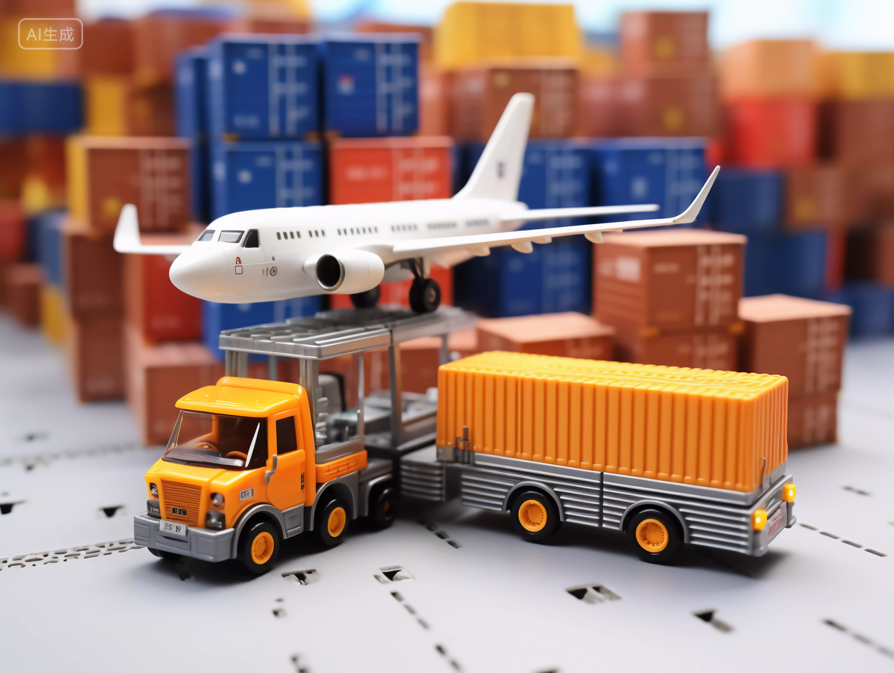 微缩镜头下的物流模型包裹运输商品卡车货车纸箱飞机模型