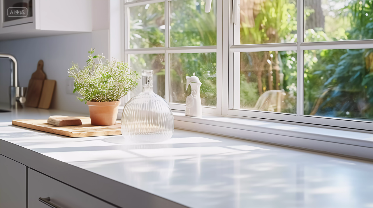 小清新现代厨房厨具操作台窗边绿植浅色厨房装饰装修