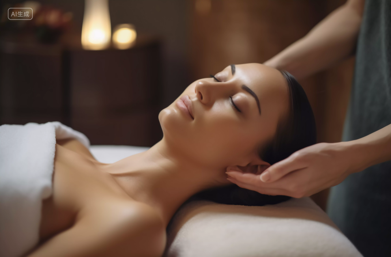 美女做spa面部头部按摩享受的感觉舒适放松