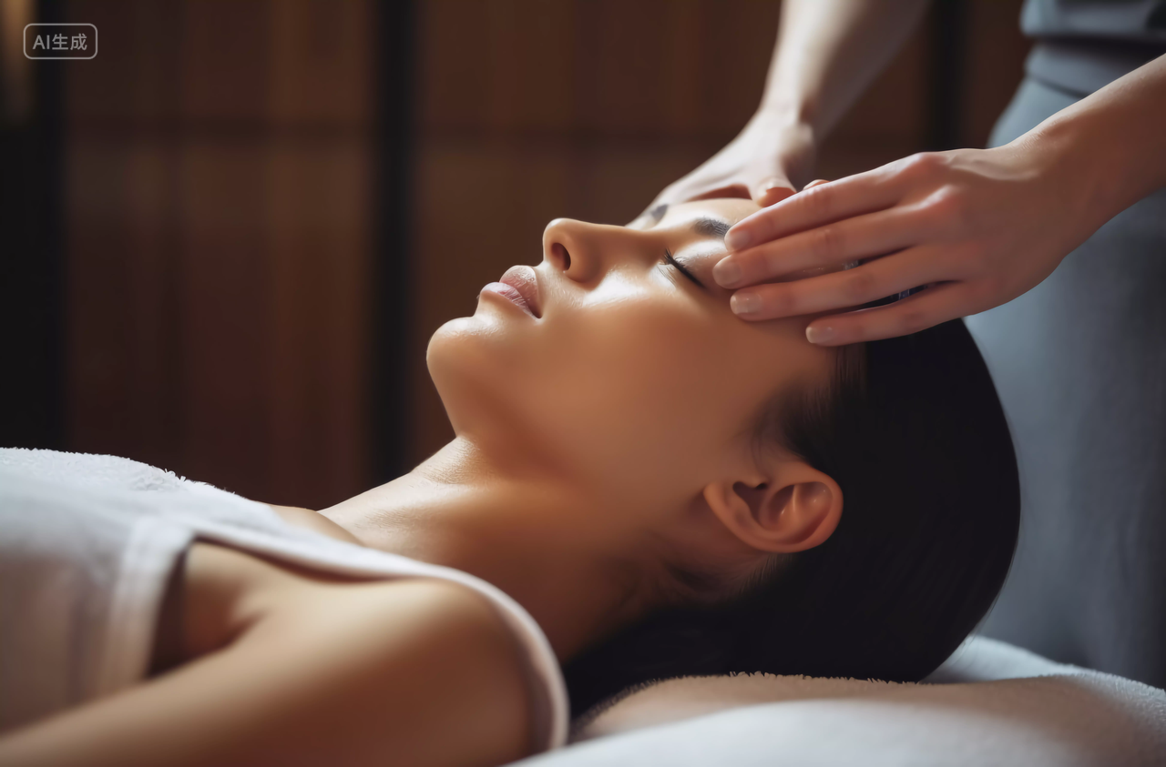 美女做spa面部头部按摩享受的感觉舒适放松