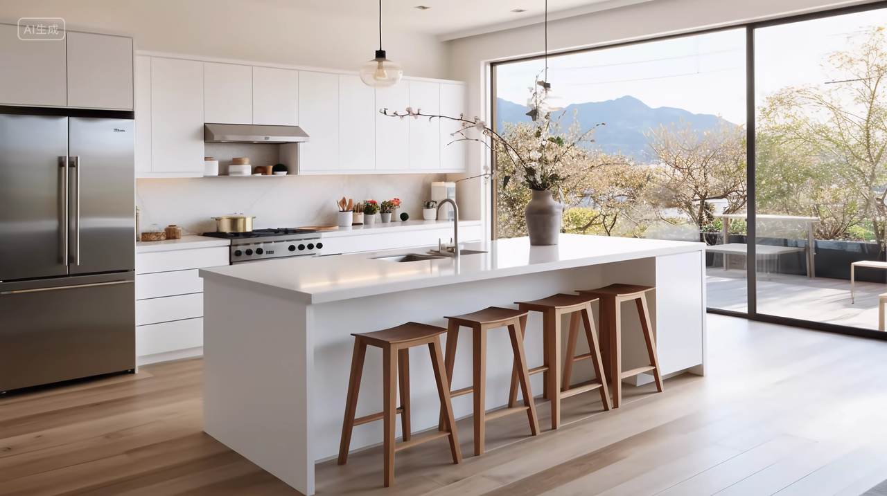 简约风白色现代厨房带岛台家居厨房装饰装修