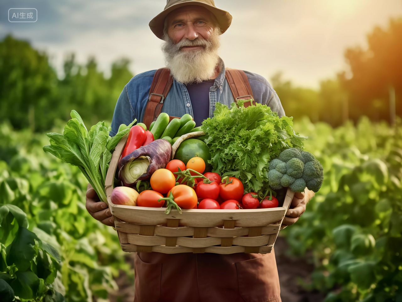 农民男性站在菜地里抱着一筐蔬菜绿色健康蔬菜 有机食品农作物收获丰收
