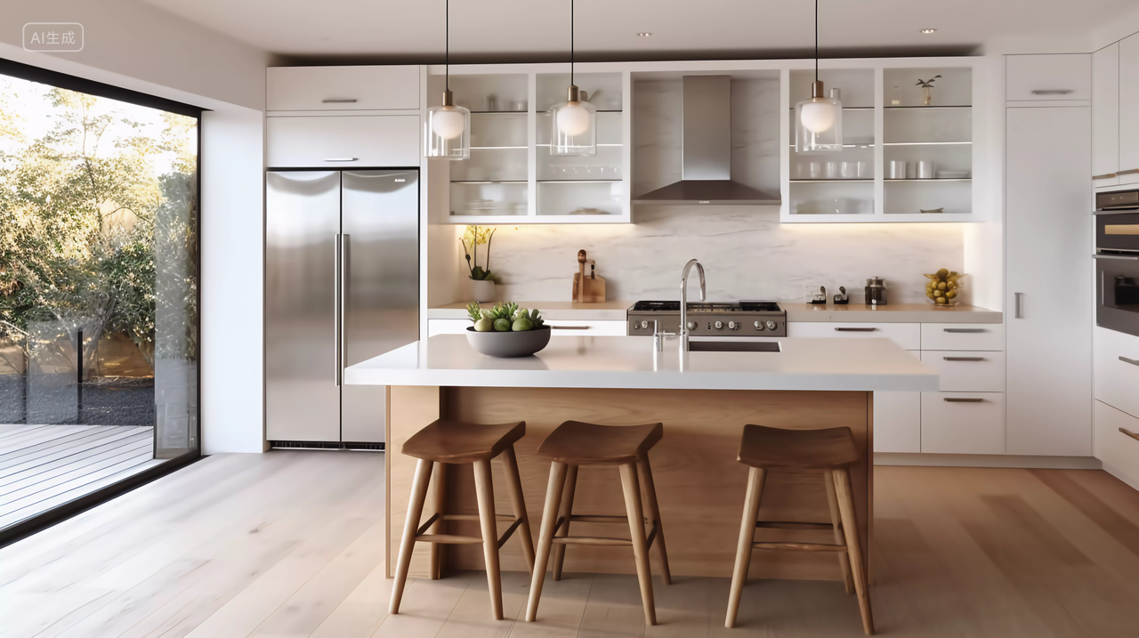 简约风白色现代厨房带岛台家居厨房装饰装修