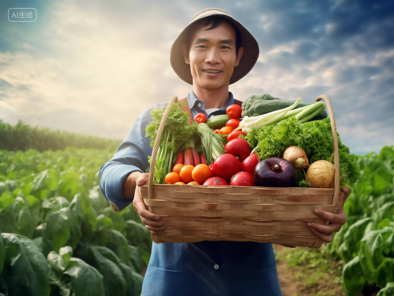 农民男性站在菜地里抱着一筐蔬菜绿色健康蔬菜 有机食品农作物收获丰收