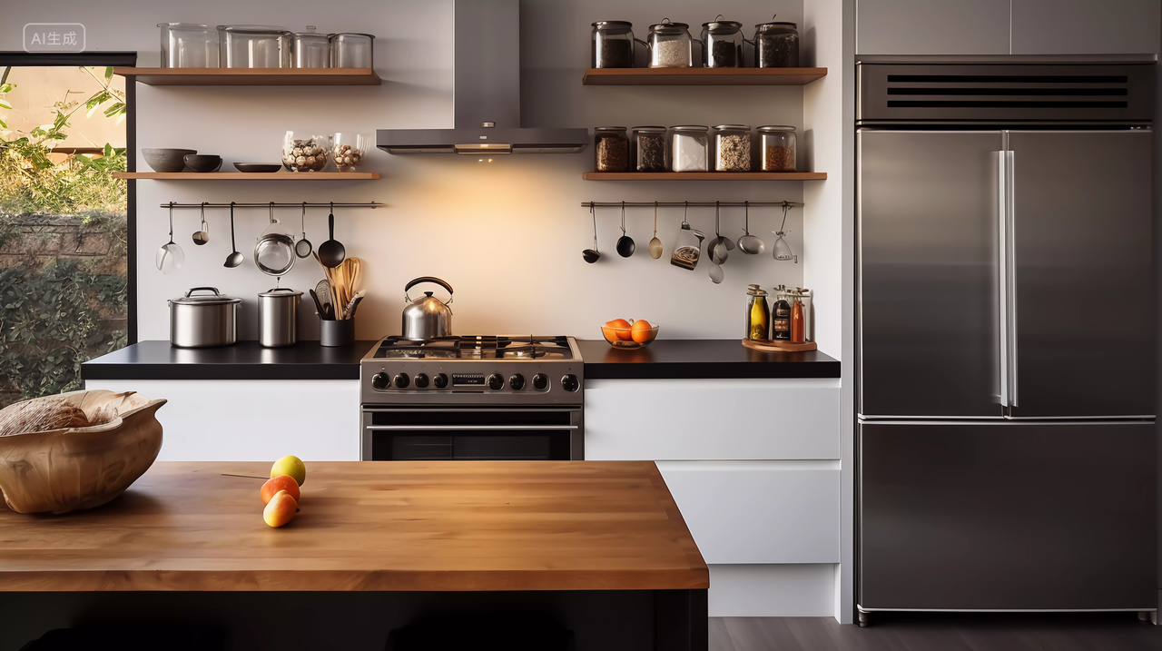 现代厨房操作台简约风暗色黑色灰色家居厨房装饰装修