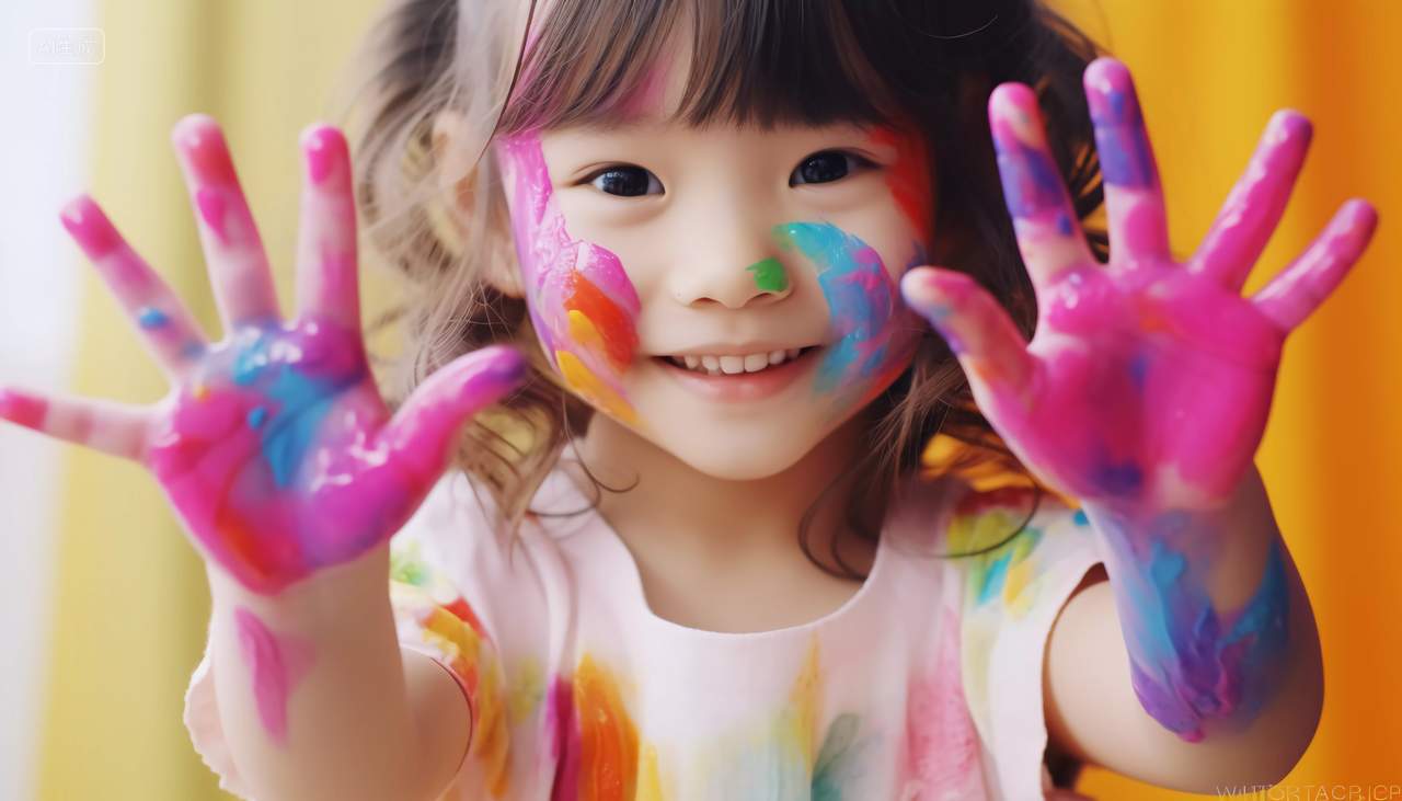 快乐的孩子五颜六色彩绘手快乐幸福的未成年儿童小学生笑容嬉戏玩耍