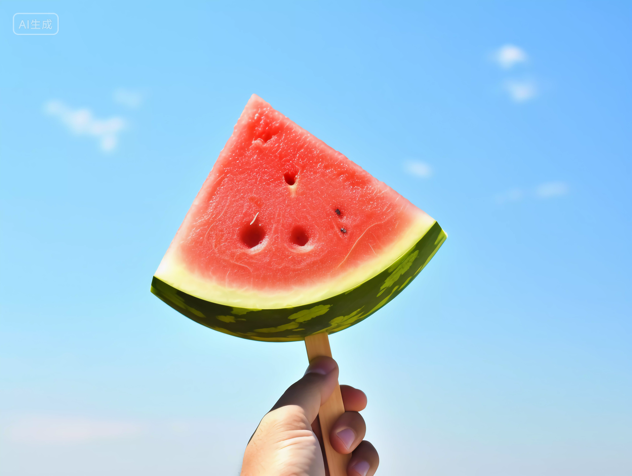 一只手举着西瓜蓝天天空夏天水果蓝色天空背景自然风景壁纸清新