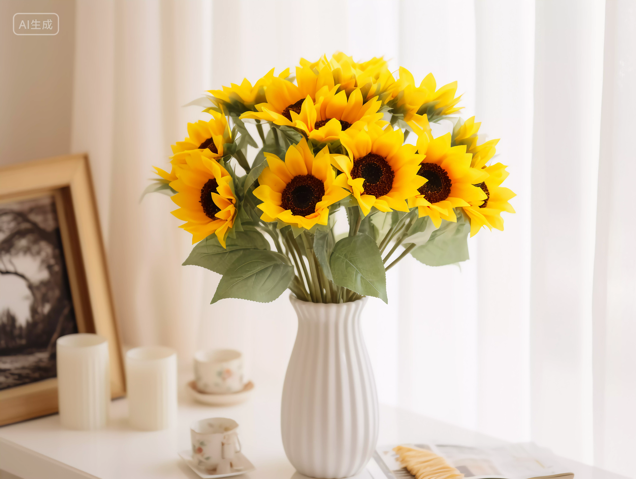 窗台桌上花瓶里的向日葵装饰品向日葵花朵清新美好希望鲜花花束
