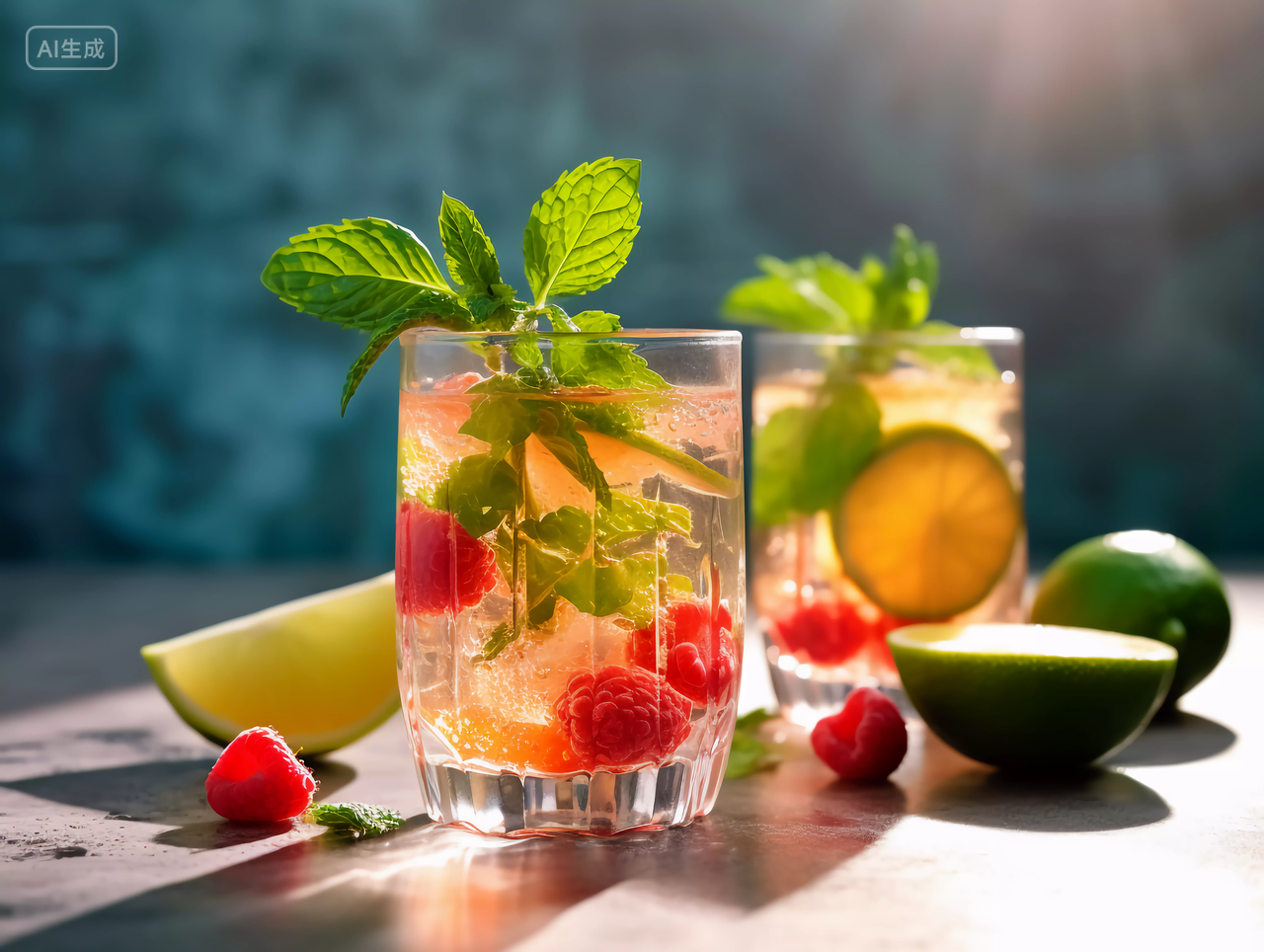 阳光下的木桌上水果饮料新鲜水果健康生活营养有机食物美味饮品绿色薄荷叶