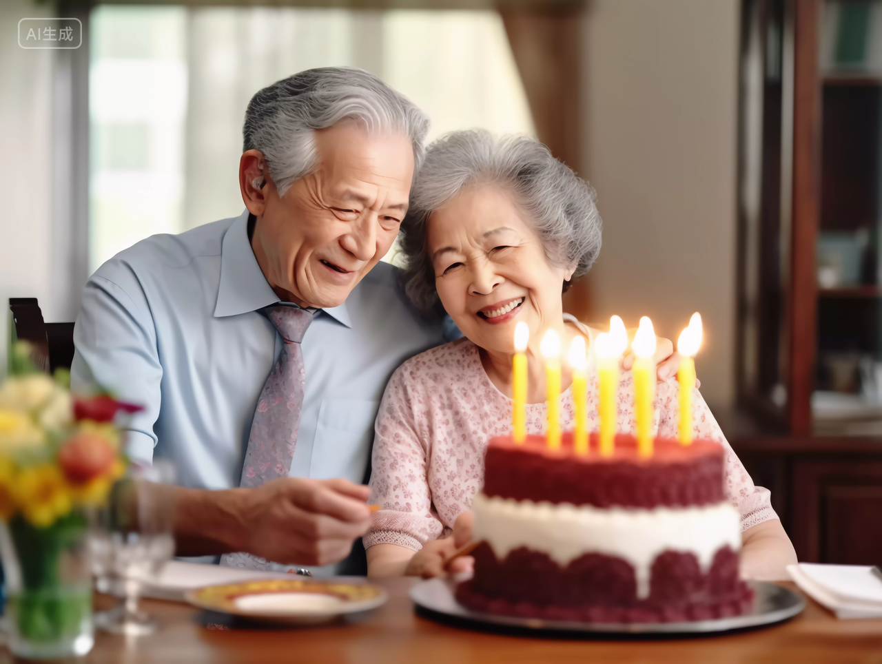 一对微笑的老夫妻家庭生日聚会生日庆祝祝福生日快乐生日蛋糕HAPPY BIRTHDAY