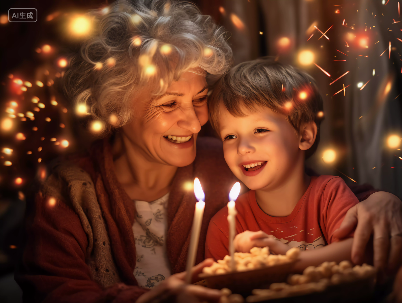 微笑的奶奶和孙子家庭生日聚会生日庆祝祝福生日快乐生日蛋糕HAPPY BIRTHDAY