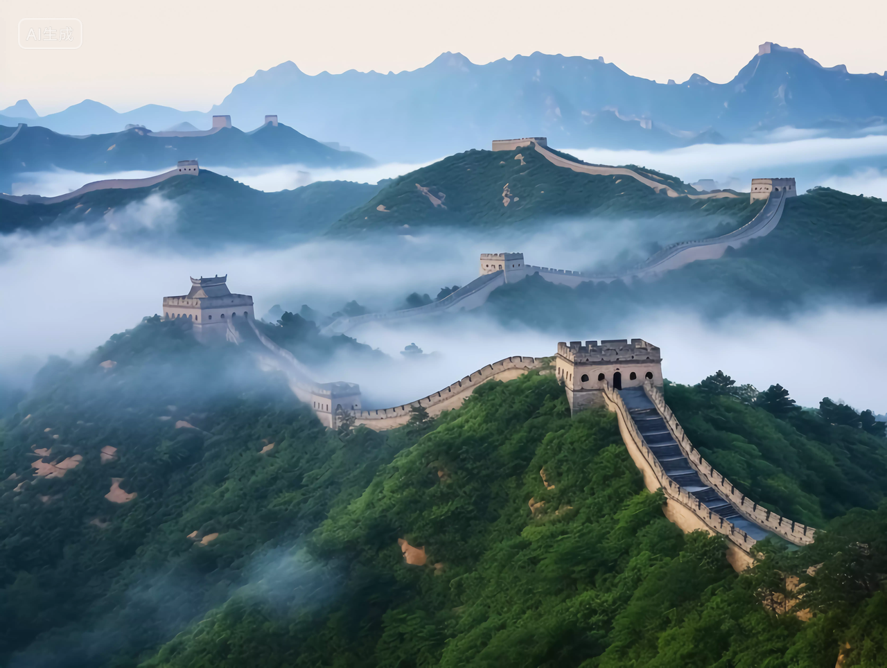 清晨云雾缭绕的雄伟长城连绵起伏的山脉中国著名景点旅行山河辽阔图