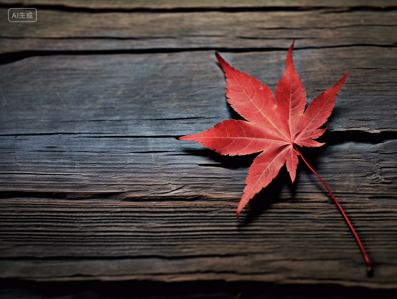 一片红枫叶落在木桌上立秋秋天落叶