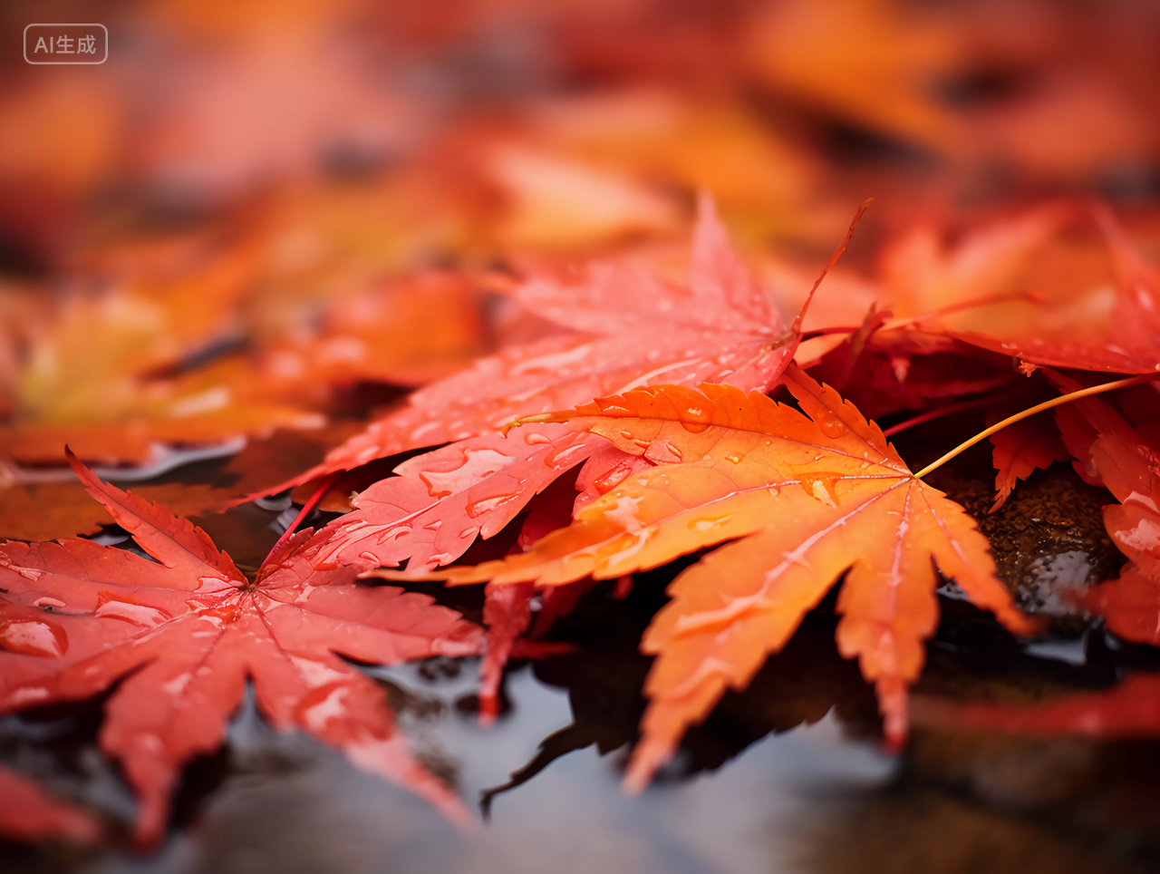秋天立秋枫树红色枫叶上的水珠雨水露珠风景壁纸图
