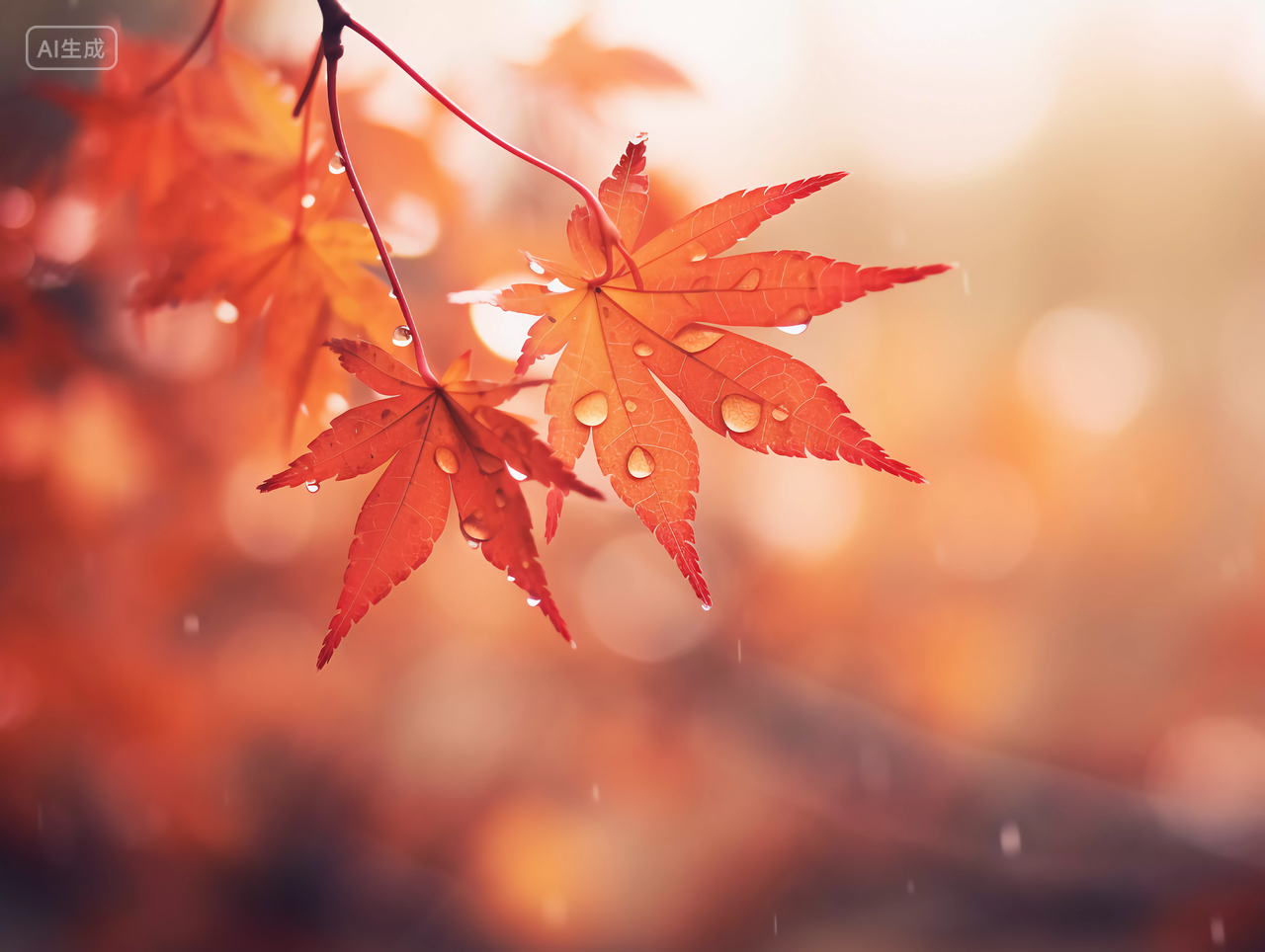 秋天立秋枫树红色枫叶上的水珠雨水露珠风景壁纸图
