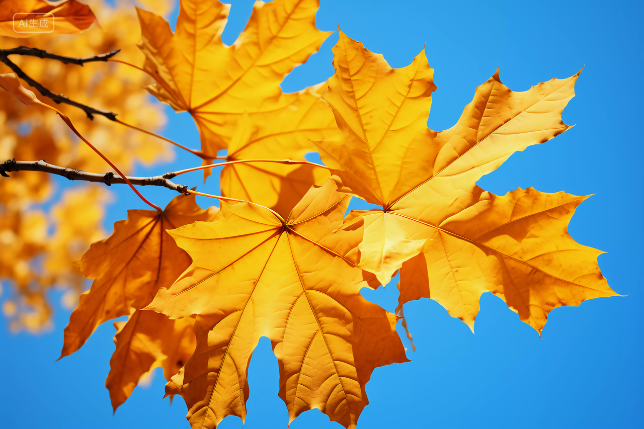 立秋秋天树枝上的树叶枫叶特写风景