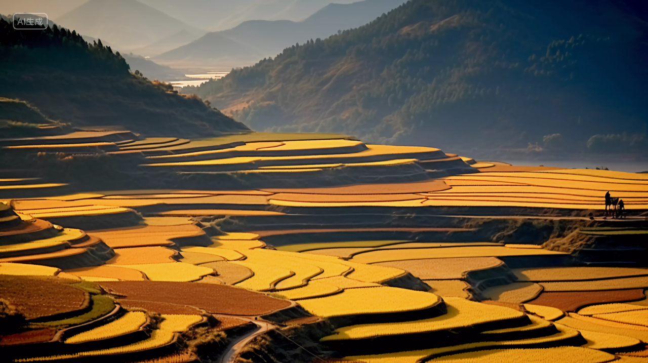 立秋秋收丰收的金色田野梯田与夕阳远山农业风景唯美壁纸