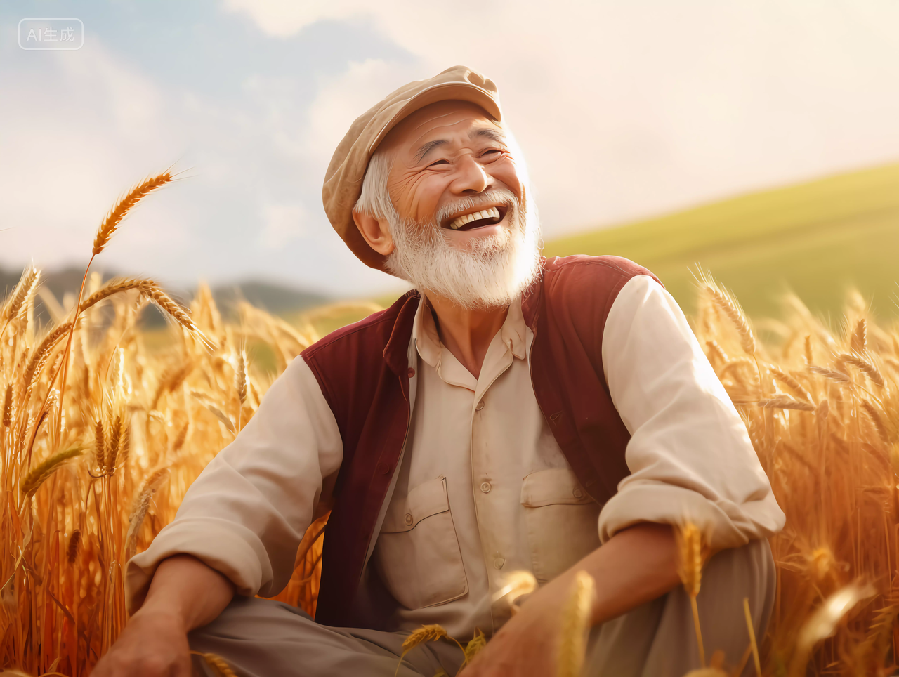 立秋农忙场景农民坐在麦田里为粮食丰收喜悦露出笑容