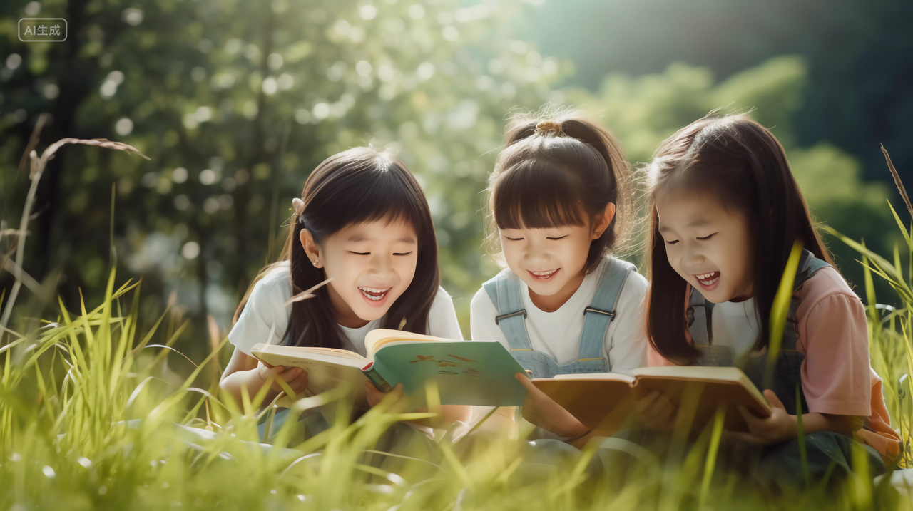 青少年小学生在户外草地上安静地拿着书看书阅读投入学习书本知识教育文化世界读书日