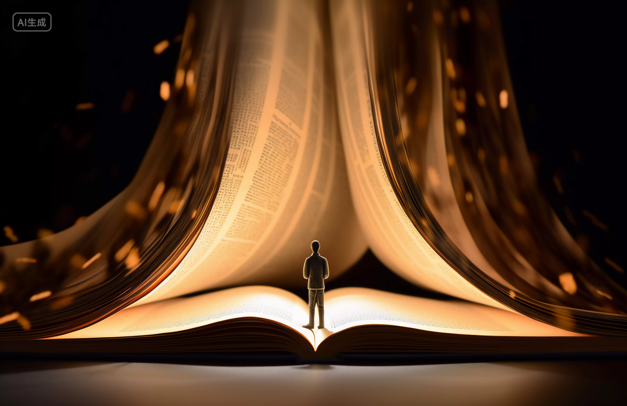 人物走进发光的书本空间阅读知识教育概念图