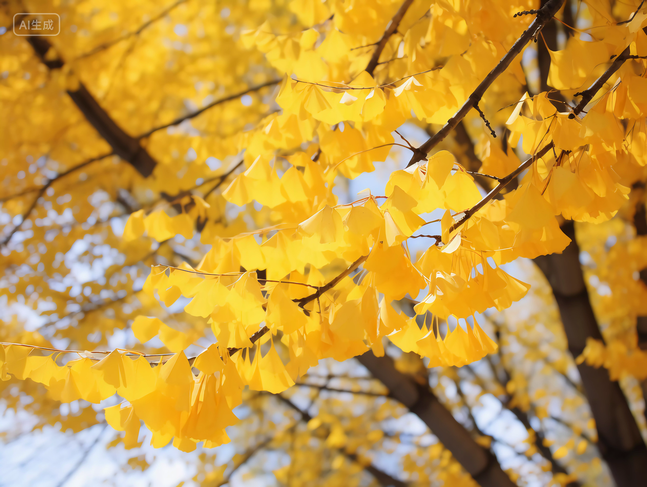 立秋银杏树上的金黄色银杏叶特写镜头风景壁纸