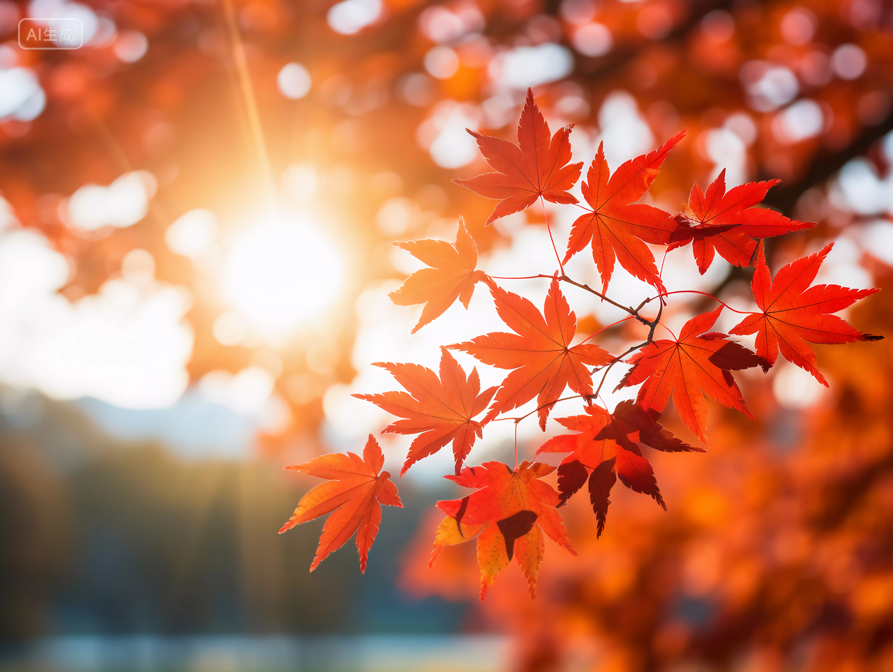 秋天秋色温暖阳光下的立秋红色枫叶风景壁纸图