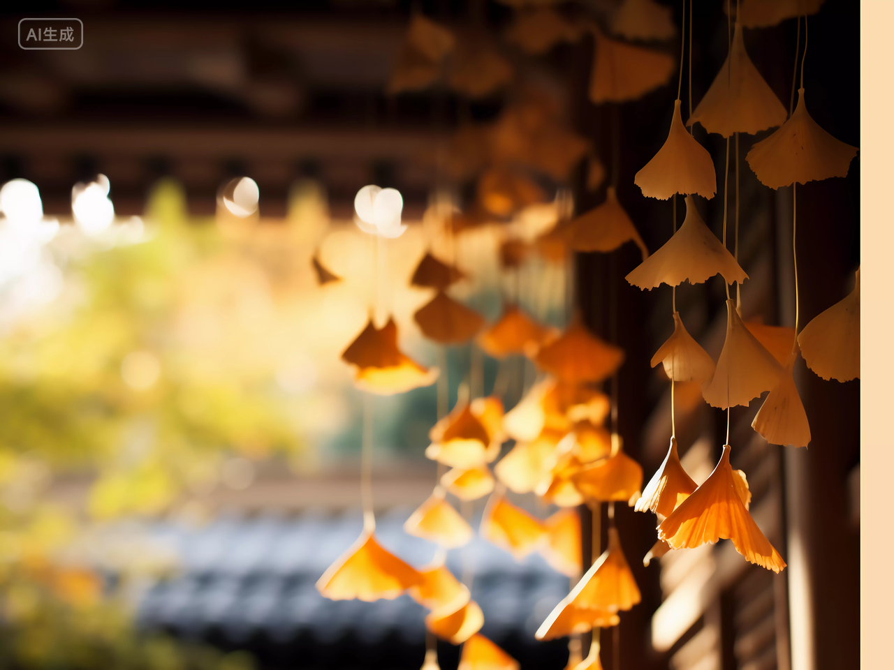 立秋屋檐下挂着的金黄色银杏叶唯美壁纸