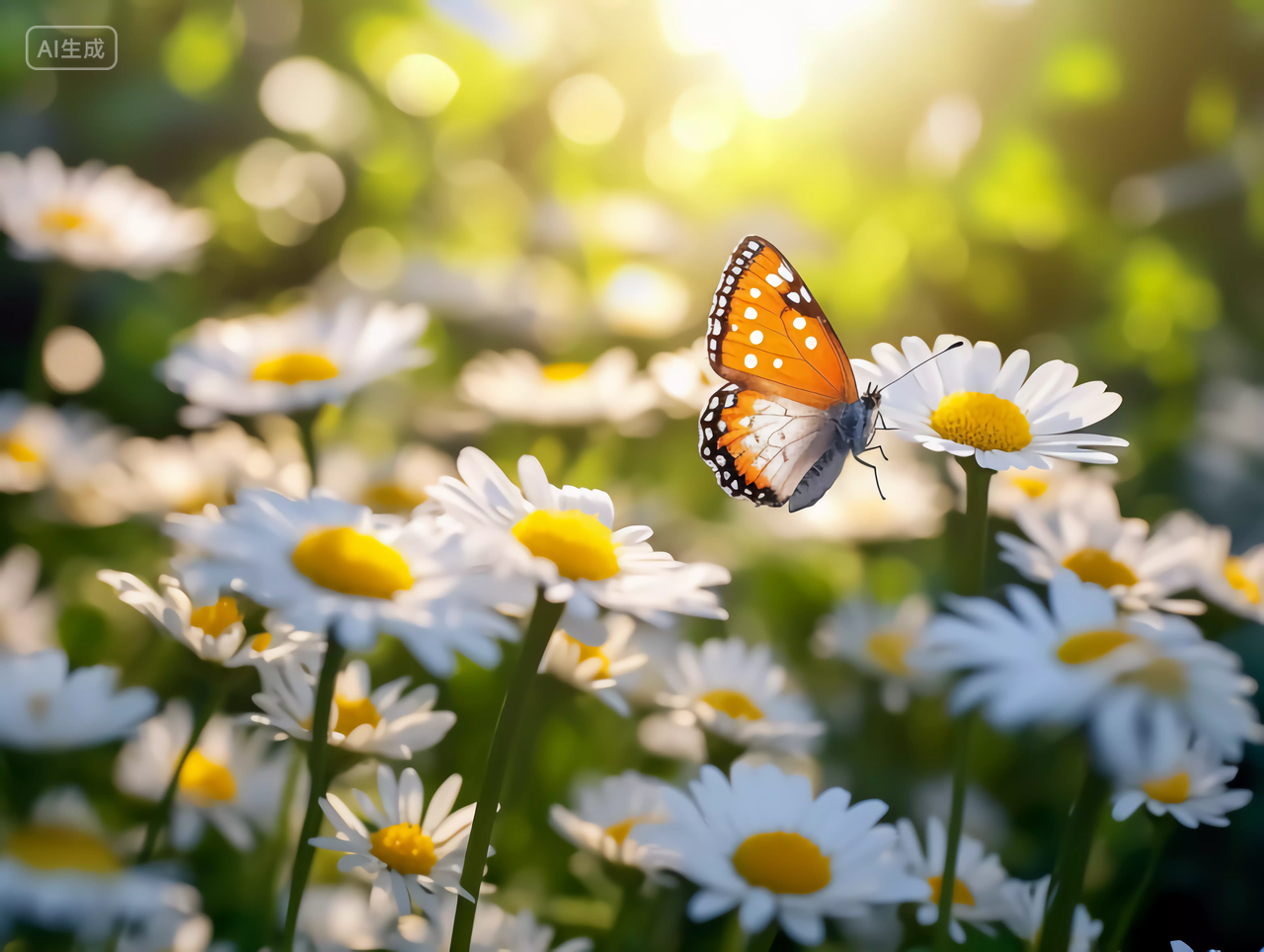 美丽花朵鲜花植物自然光线下一只蝴蝶停在小雏菊上