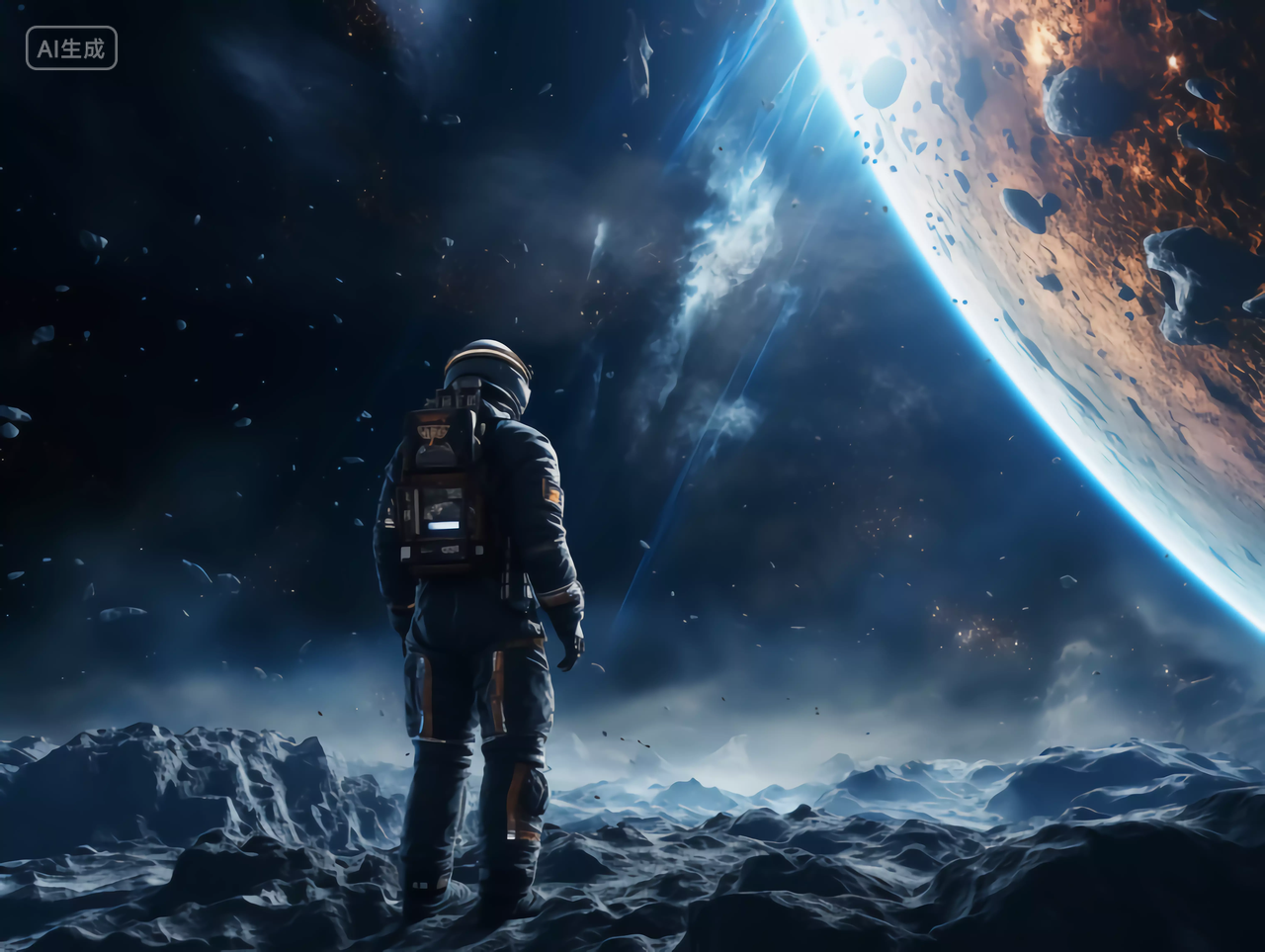 航天科技概念宇航员在宇宙太空中远眺的背影图