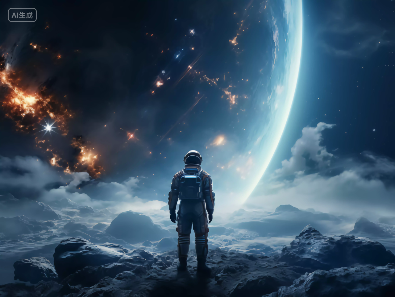 航天科技概念宇航员在宇宙太空中远眺的背影图