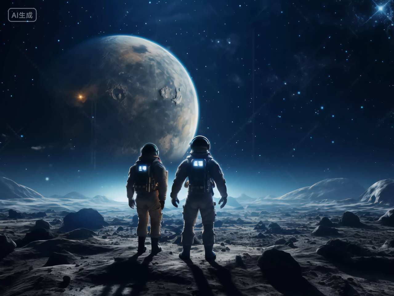 航天科技概念宇航员在宇宙太空中远眺的背影图