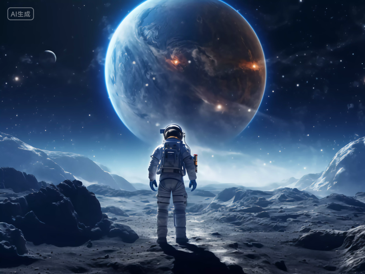 航天科技概念宇航员在宇宙太空中远眺的背影图