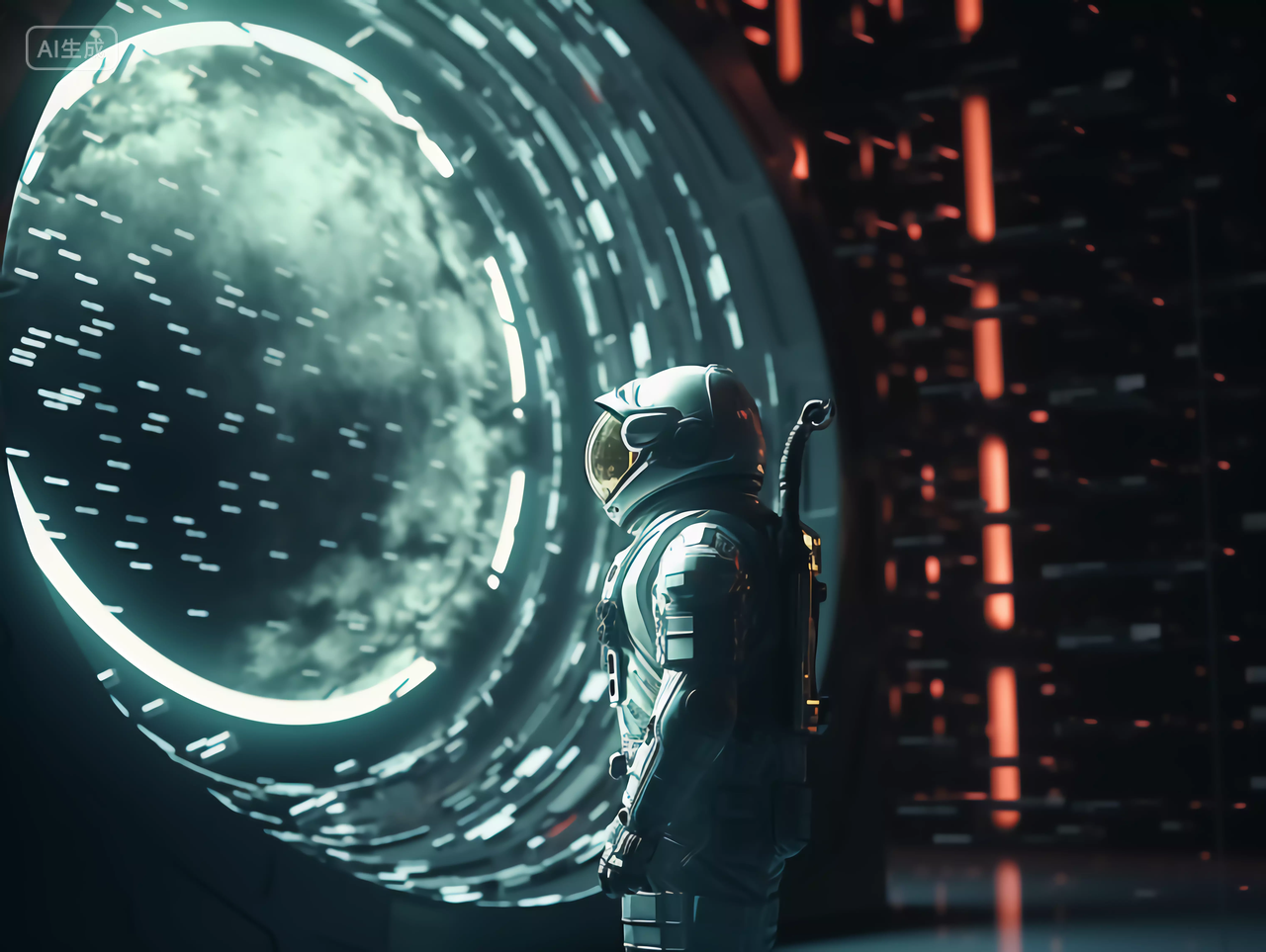 航天科技的宇航员排队进入未来科技航空空间站概念图