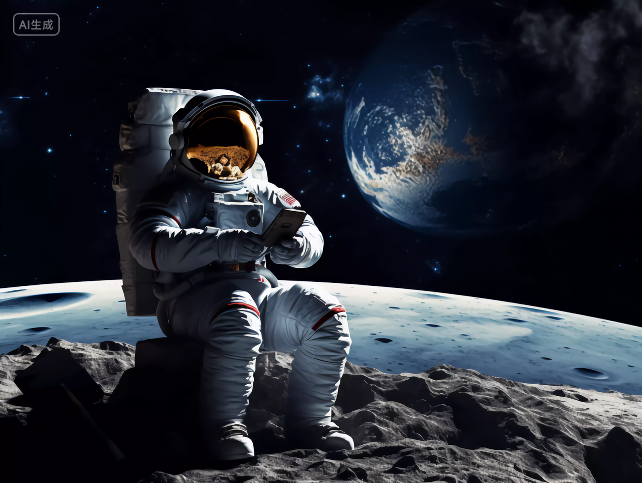 一个宇航员坐在神秘的行星地表上用笔记本电脑工作场景