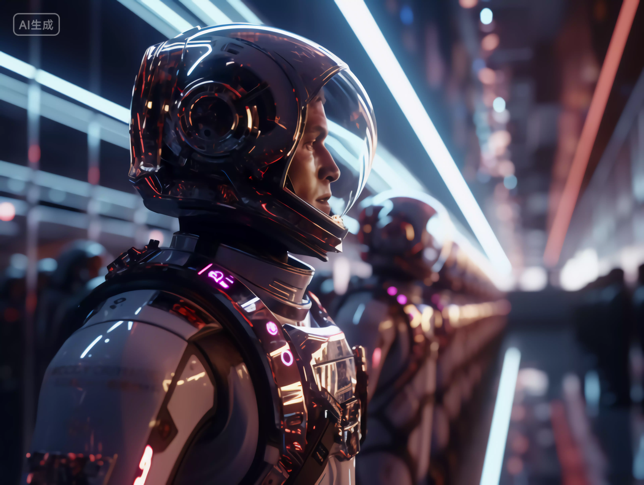 航天科技的宇航员排队进入未来科技航空空间站概念图