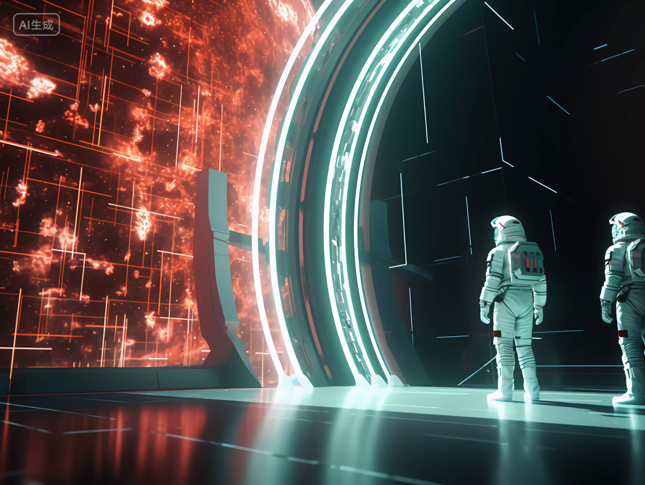 航天科技的宇航员排队进入未来科技航空空间站概念图