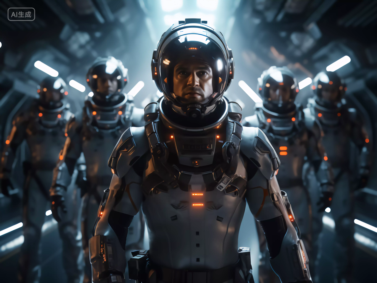 航天科技的宇航员排队进入未来科技航空空间站概念图