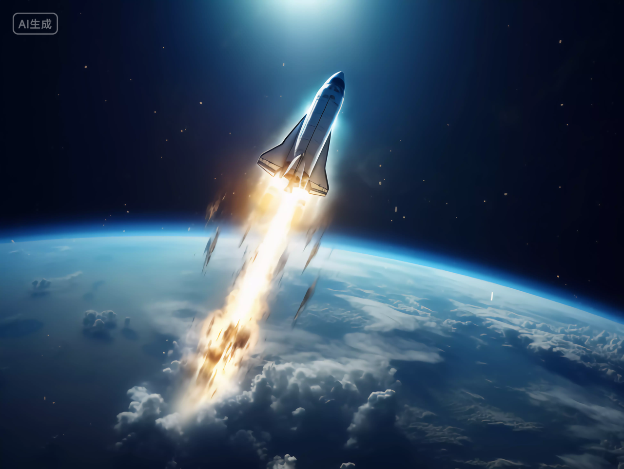 航天科技飞船火箭从大气层发射到太空场景图
